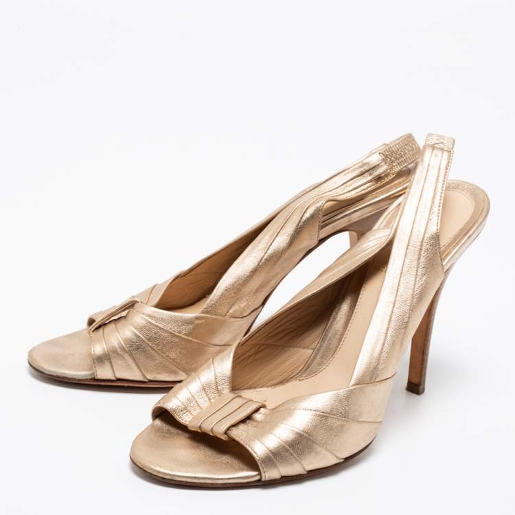 Pre Owned Fendi Rose Gold Pleated Leather Slingback Sandals Size 37.5