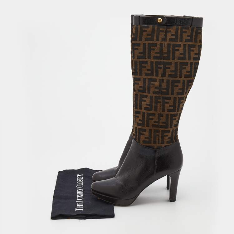 Pre Owned Fendi Brown Zucca Canvas And Leather Knee Length Platform Boots Size 38