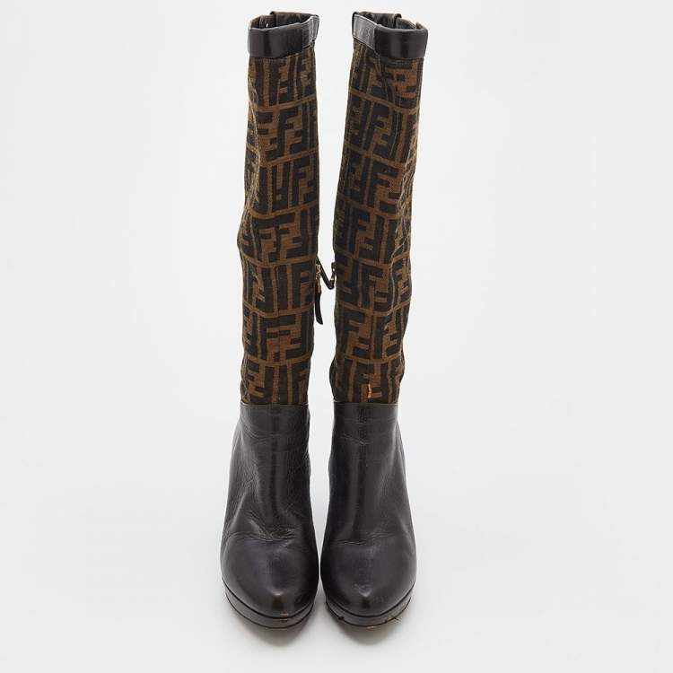 Pre Owned Fendi Brown Zucca Canvas And Leather Knee Length Platform Boots Size 38