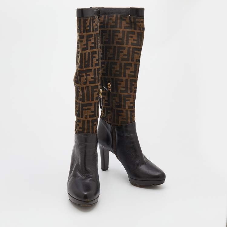Pre Owned Fendi Brown Zucca Canvas And Leather Knee Length Platform Boots Size 38