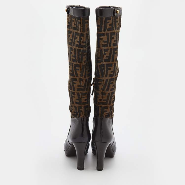 Pre Owned Fendi Brown Zucca Canvas And Leather Knee Length Platform Boots Size 38
