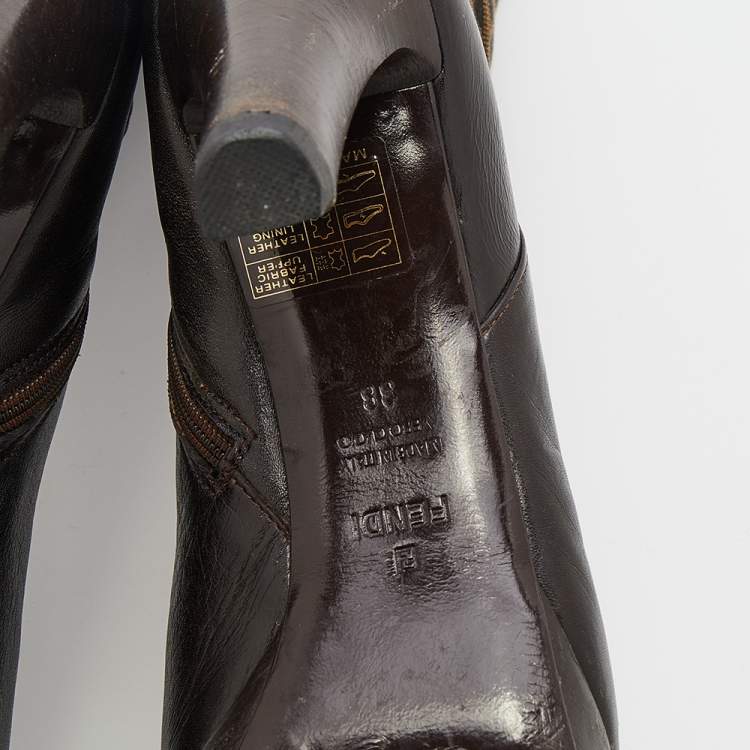 Pre Owned Fendi Brown Zucca Canvas And Leather Knee Length Platform Boots Size 38