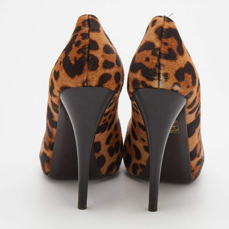 Pre Owned Fendi Brown Leopard Print Calf Hair Peep Toe Platform Pumps Size 40