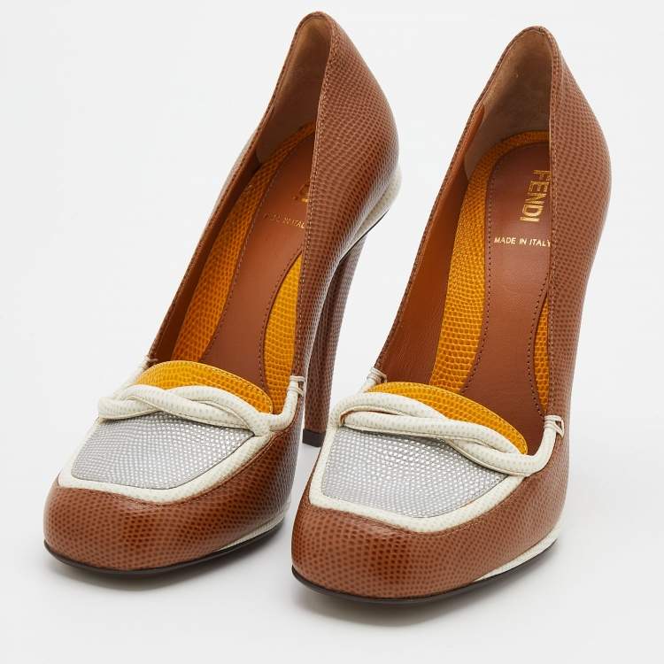 Pre Owned Fendi Multicolor Lizard Embossed Leather Loafer Pumps Size 38