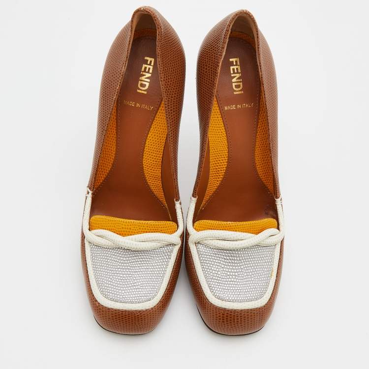 Pre Owned Fendi Multicolor Lizard Embossed Leather Loafer Pumps Size 38
