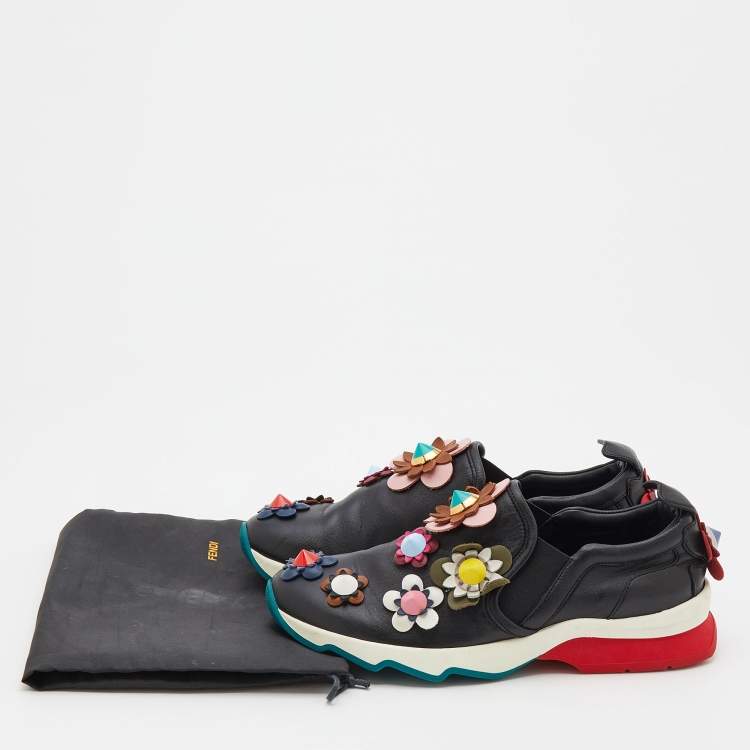 Pre Owned Fendi Black Leather Flowerland Embellished Slip On Sneakers Size 36