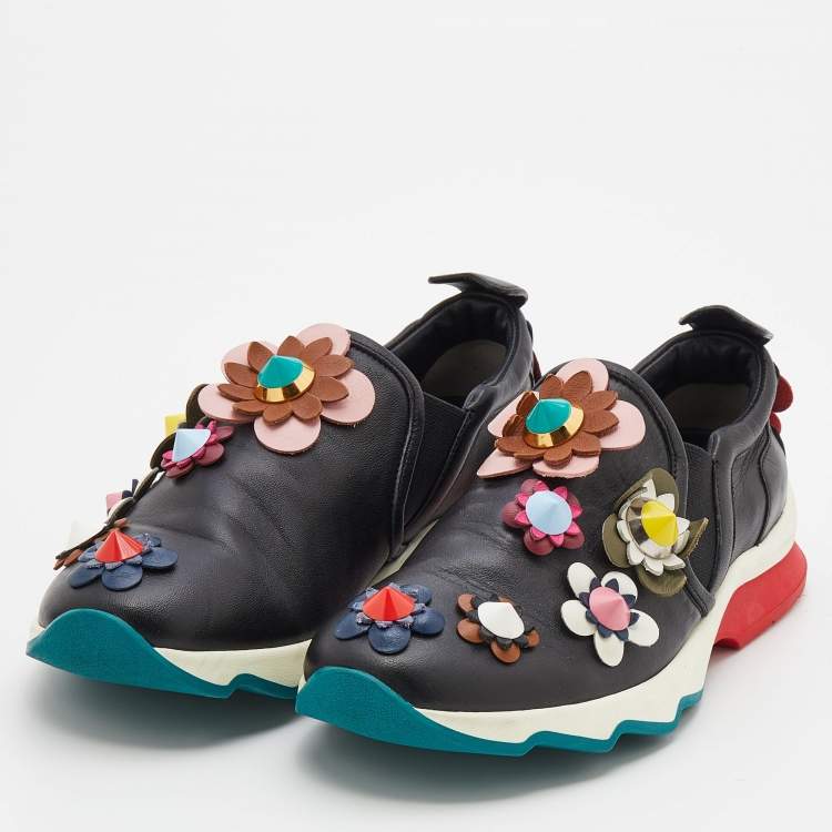 Pre Owned Fendi Black Leather Flowerland Embellished Slip On Sneakers Size 36