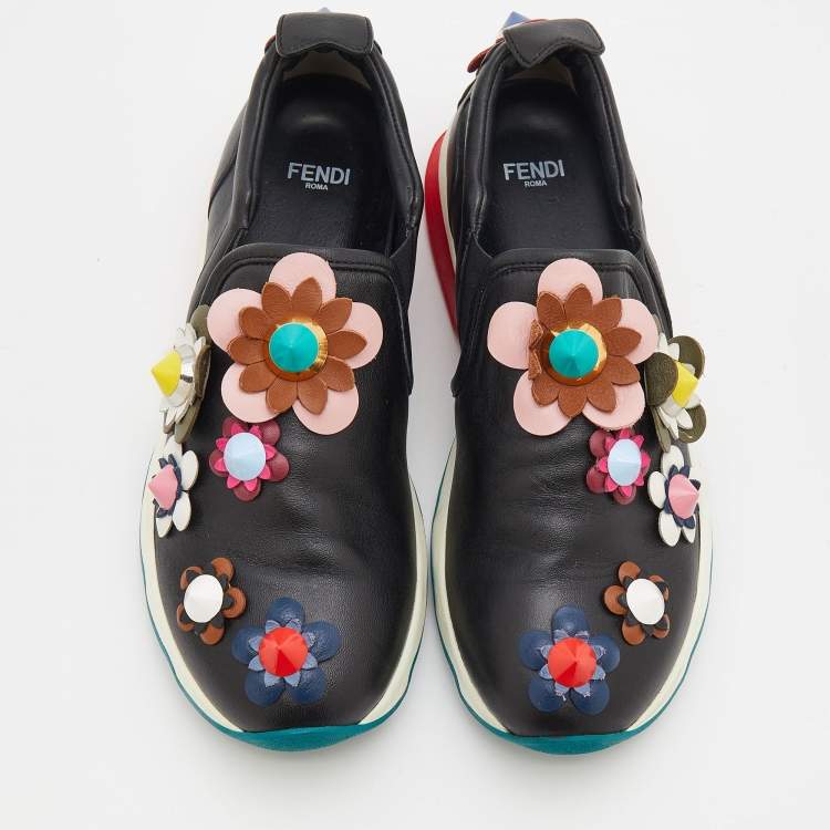Pre Owned Fendi Black Leather Flowerland Embellished Slip On Sneakers Size 36