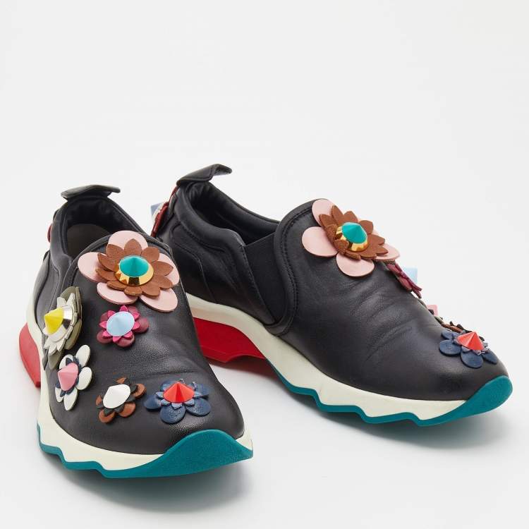 Pre Owned Fendi Black Leather Flowerland Embellished Slip On Sneakers Size 36
