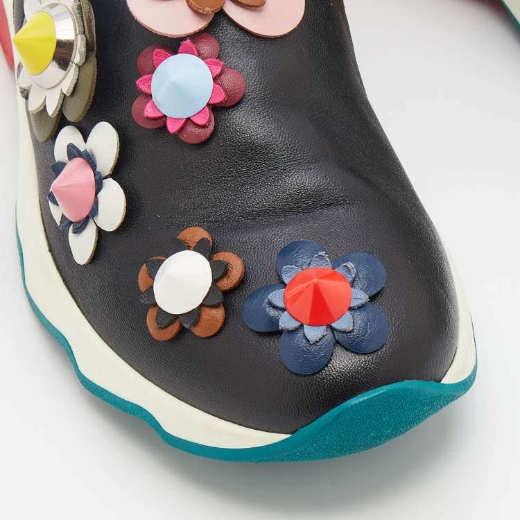 Pre Owned Fendi Black Leather Flowerland Embellished Slip On Sneakers Size 36