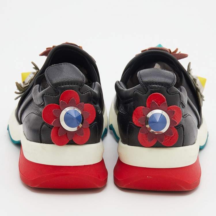 Pre Owned Fendi Black Leather Flowerland Embellished Slip On Sneakers Size 36