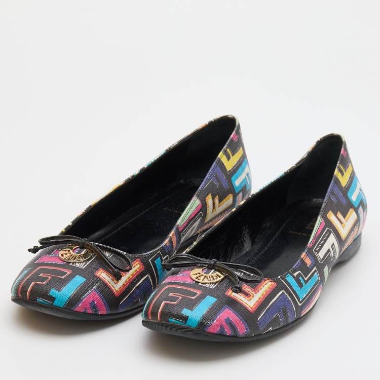 Pre Owned Fendi Multicolor Zucca Spalmati Coated Canvas Bow Ballet Flats Size 40
