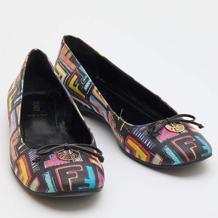 Pre Owned Fendi Multicolor Zucca Spalmati Coated Canvas Bow Ballet Flats Size 40