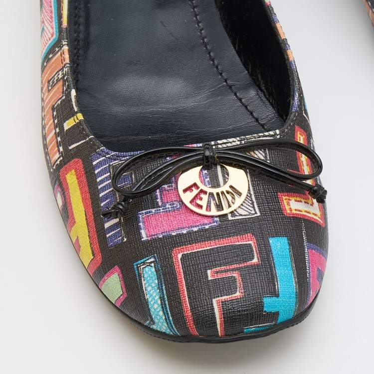 Pre Owned Fendi Multicolor Zucca Spalmati Coated Canvas Bow Ballet Flats Size 40