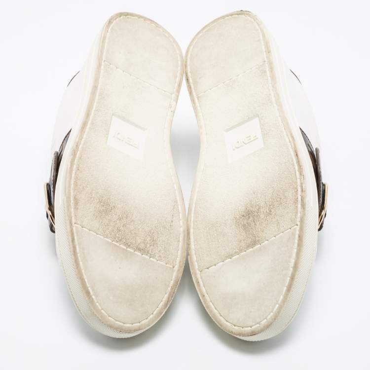 Pre Owned Fendi White/Brown Leather FF Low Top  Sneakers Size 37
