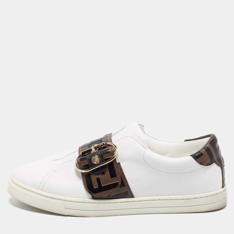 Pre Owned Fendi White/Brown Leather FF Low Top  Sneakers Size 37