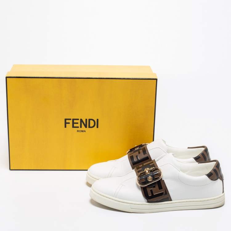 Pre Owned Fendi White/Brown Leather FF Low Top  Sneakers Size 37