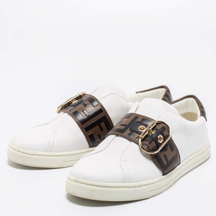 Pre Owned Fendi White/Brown Leather FF Low Top  Sneakers Size 37