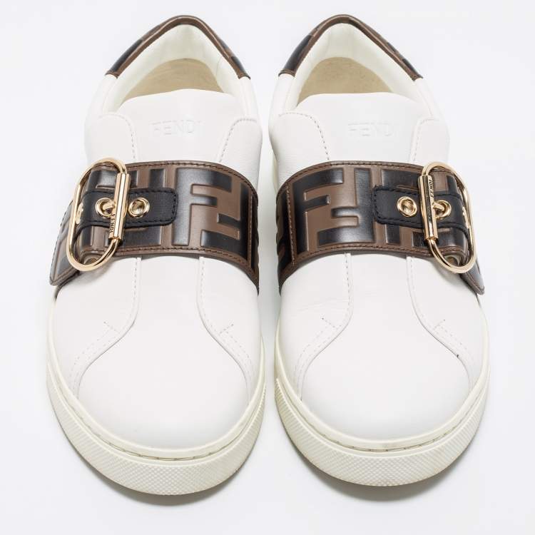 Pre Owned Fendi White/Brown Leather FF Low Top  Sneakers Size 37