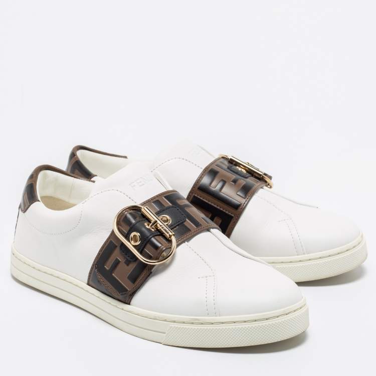 Pre Owned Fendi White/Brown Leather FF Low Top  Sneakers Size 37