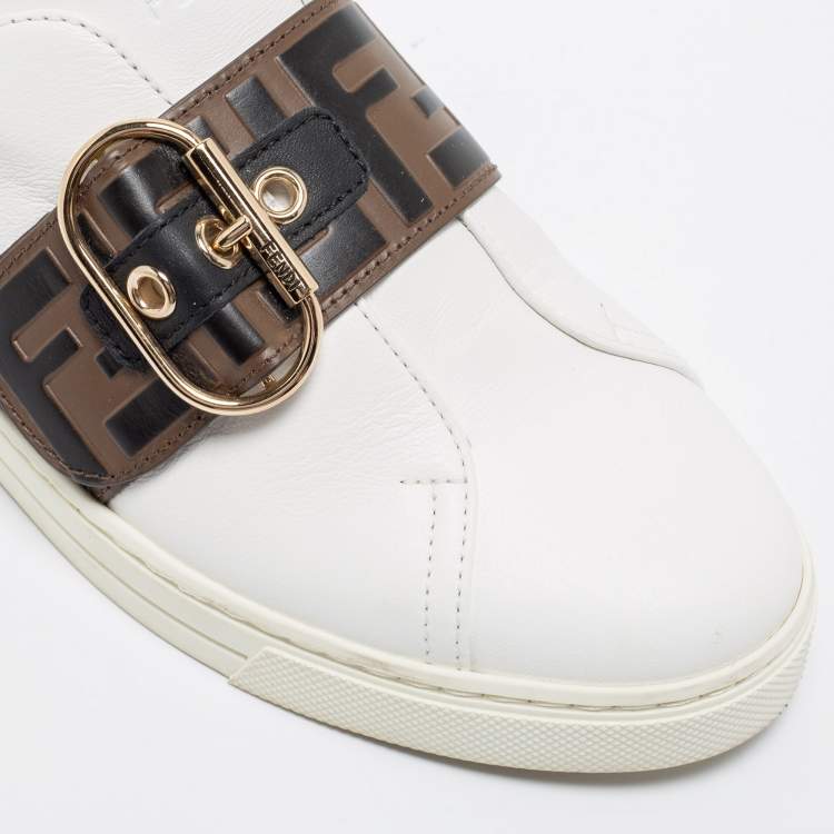Pre Owned Fendi White/Brown Leather FF Low Top  Sneakers Size 37
