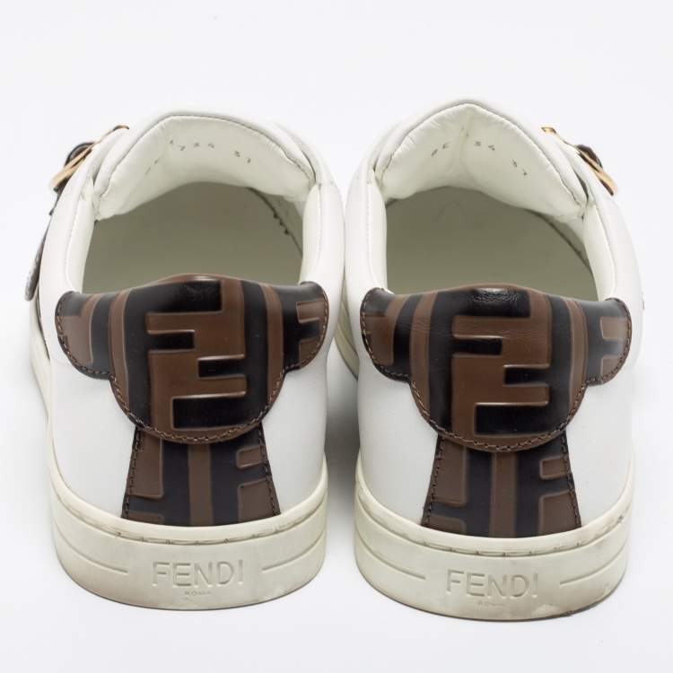 Pre Owned Fendi White/Brown Leather FF Low Top  Sneakers Size 37