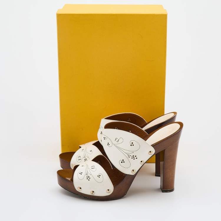 Pre Owned Fendi White Patent Leather Laser Cut-Out Platform Open Toe Sandals Size 39.5