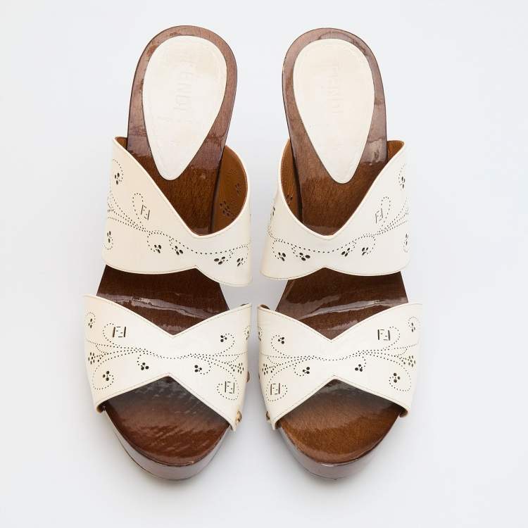 Pre Owned Fendi White Patent Leather Laser Cut-Out Platform Open Toe Sandals Size 39.5