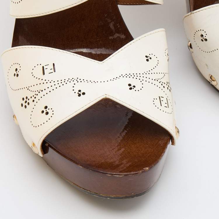 Pre Owned Fendi White Patent Leather Laser Cut-Out Platform Open Toe Sandals Size 39.5
