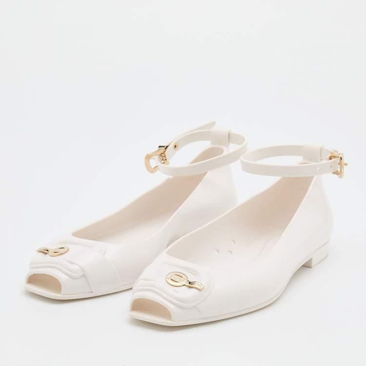 Pre Owned Fendi White Jelly Peep Toe Ankle Strap Ballet Flats Size 37