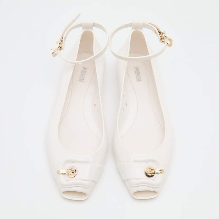 Pre Owned Fendi White Jelly Peep Toe Ankle Strap Ballet Flats Size 37