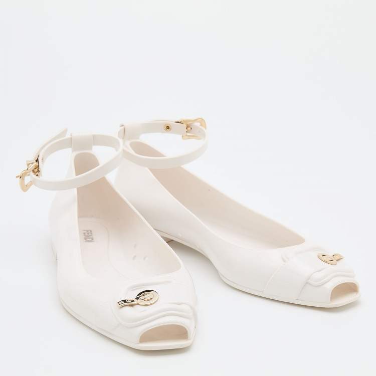 Pre Owned Fendi White Jelly Peep Toe Ankle Strap Ballet Flats Size 37