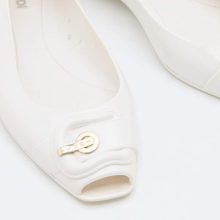 Pre Owned Fendi White Jelly Peep Toe Ankle Strap Ballet Flats Size 37