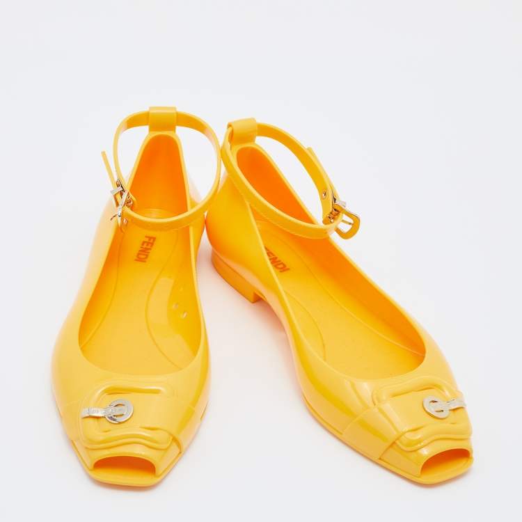 Pre Owned Fendi Yellow Jelly Peep Toe Ankle Strap Flat Sandals Size 37