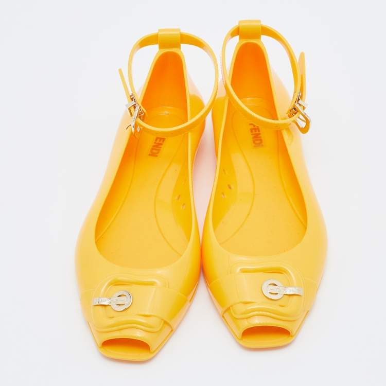 Pre Owned Fendi Yellow Jelly Peep Toe Ankle Strap Flat Sandals Size 37