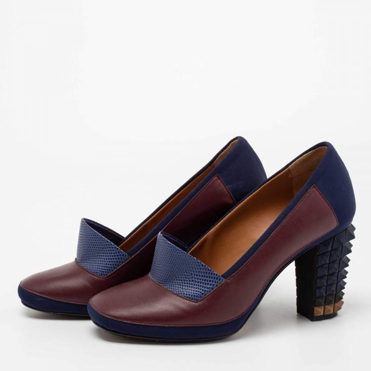Pre Owned Fendi Blue/Brown Lizard Embossed And Leather Polifonia Court Studded Heel Pumps Size 37