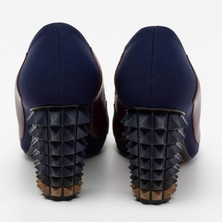 Pre Owned Fendi Blue/Brown Lizard Embossed And Leather Polifonia Court Studded Heel Pumps Size 37
