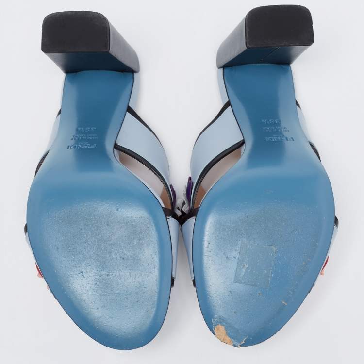 مملوكة مسبقًا Fendi Light Blue Leather Flowerland Slide Sandals Size 38.5
