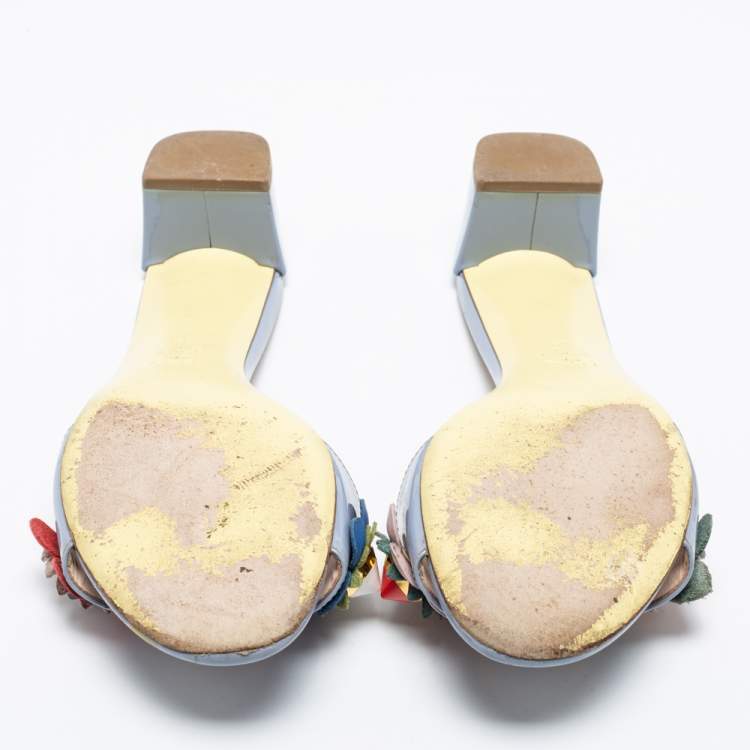 Pre Owned Fendi Blue Patent Leather Flowerland Block Heel Slides Size 39