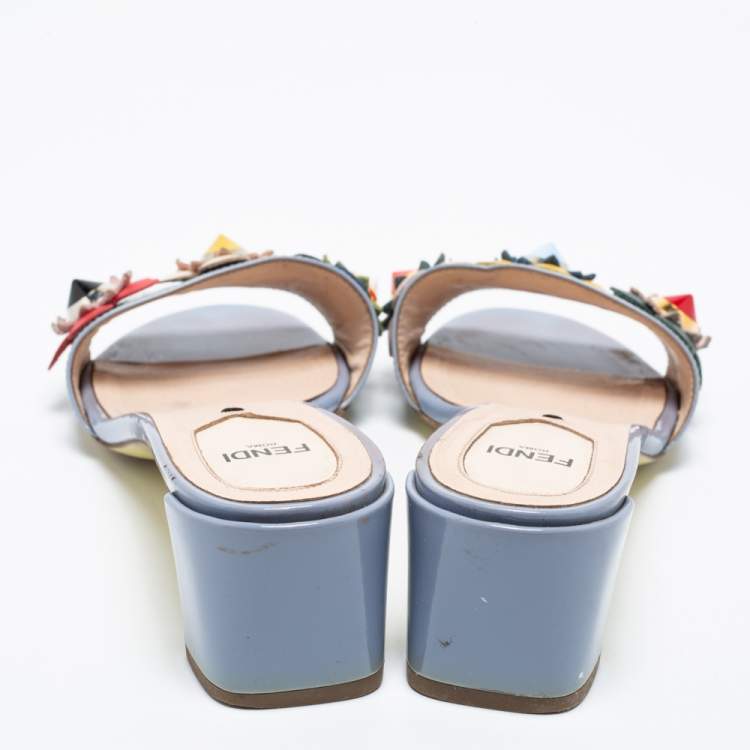 Pre Owned Fendi Blue Patent Leather Flowerland Block Heel Slides Size 39