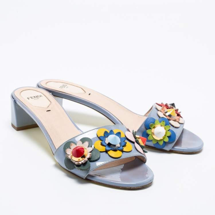Pre Owned Fendi Blue Patent Leather Flowerland Block Heel Slides Size 39