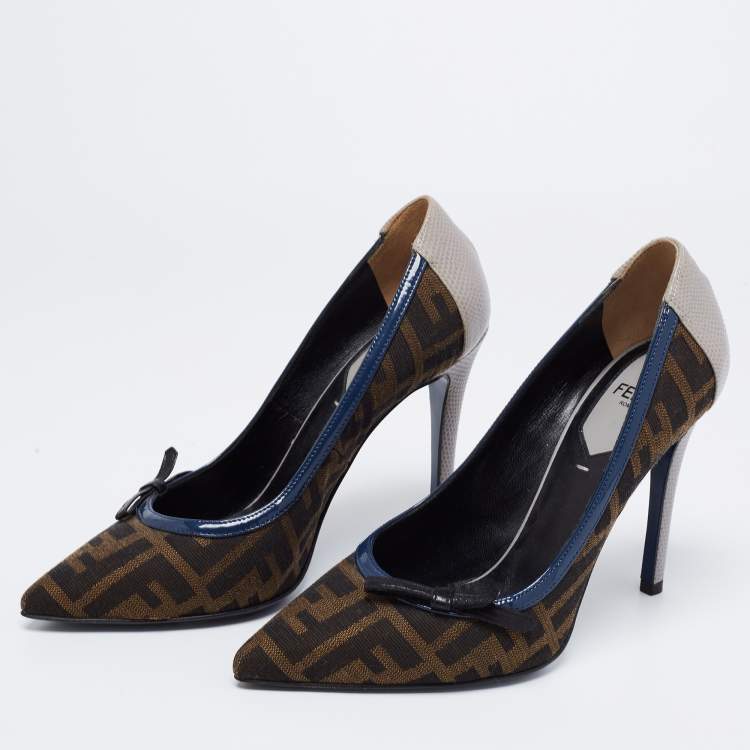 Pre Owned Fendi Multicolor Zucca Canvas and Iguana Leather Pointed Toe Pumps Size 35