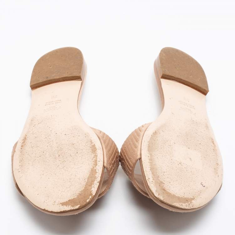 Pre Owned Fendi Beige Satin Logo Embroidered Flat Slides Size 38