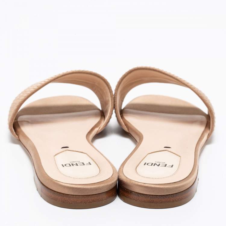 Pre Owned Fendi Beige Satin Logo Embroidered Flat Slides Size 38