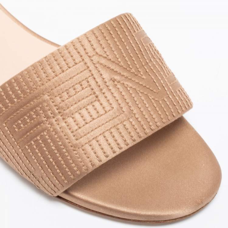 Pre Owned Fendi Beige Satin Logo Embroidered Flat Slides Size 38