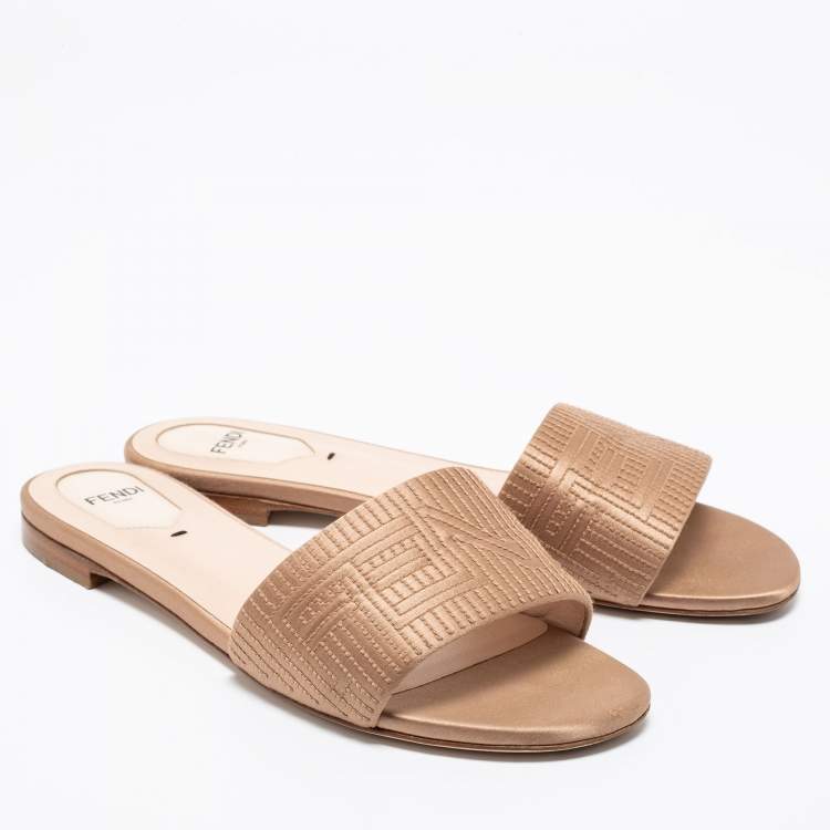 Pre Owned Fendi Beige Satin Logo Embroidered Flat Slides Size 38