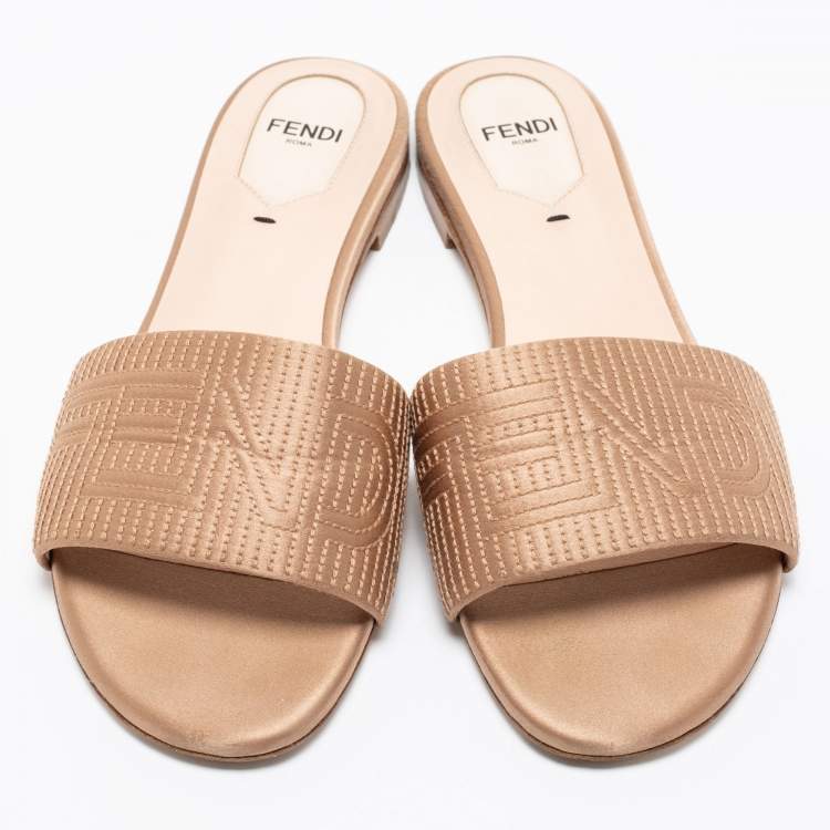 Pre Owned Fendi Beige Satin Logo Embroidered Flat Slides Size 38