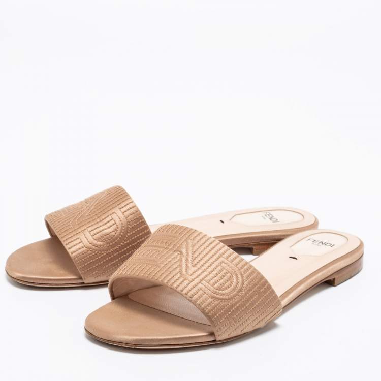 Pre Owned Fendi Beige Satin Logo Embroidered Flat Slides Size 38