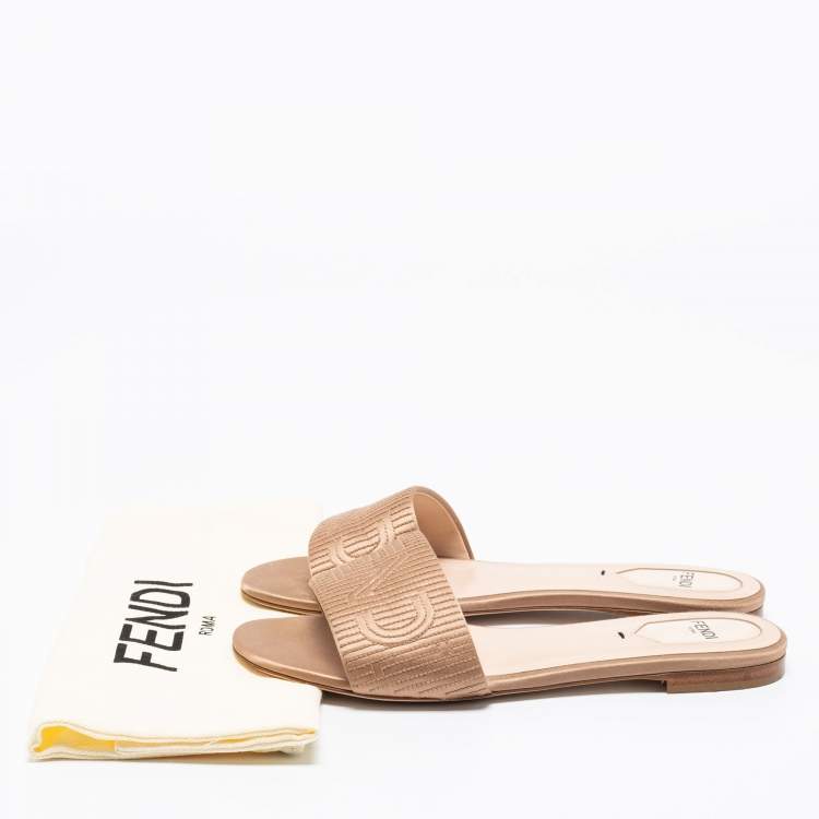 Pre Owned Fendi Beige Satin Logo Embroidered Flat Slides Size 38