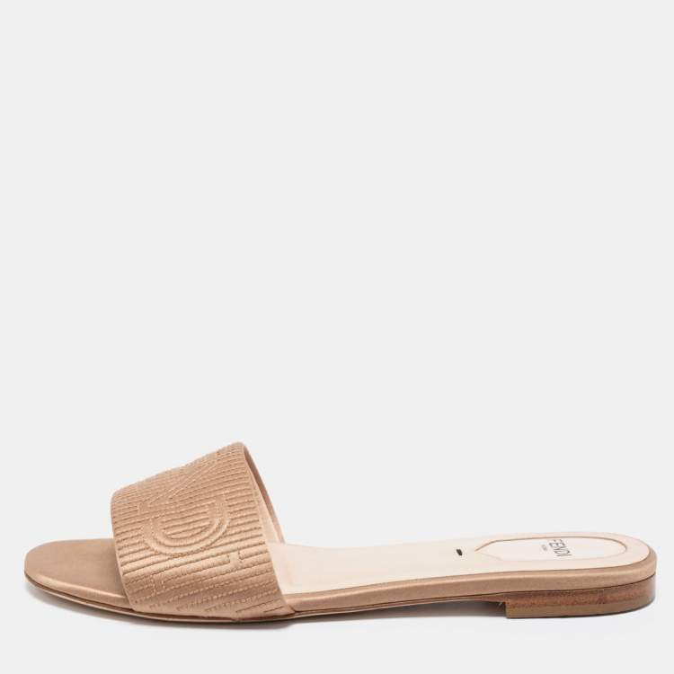 Pre Owned Fendi Beige Satin Logo Embroidered Flat Slides Size 38